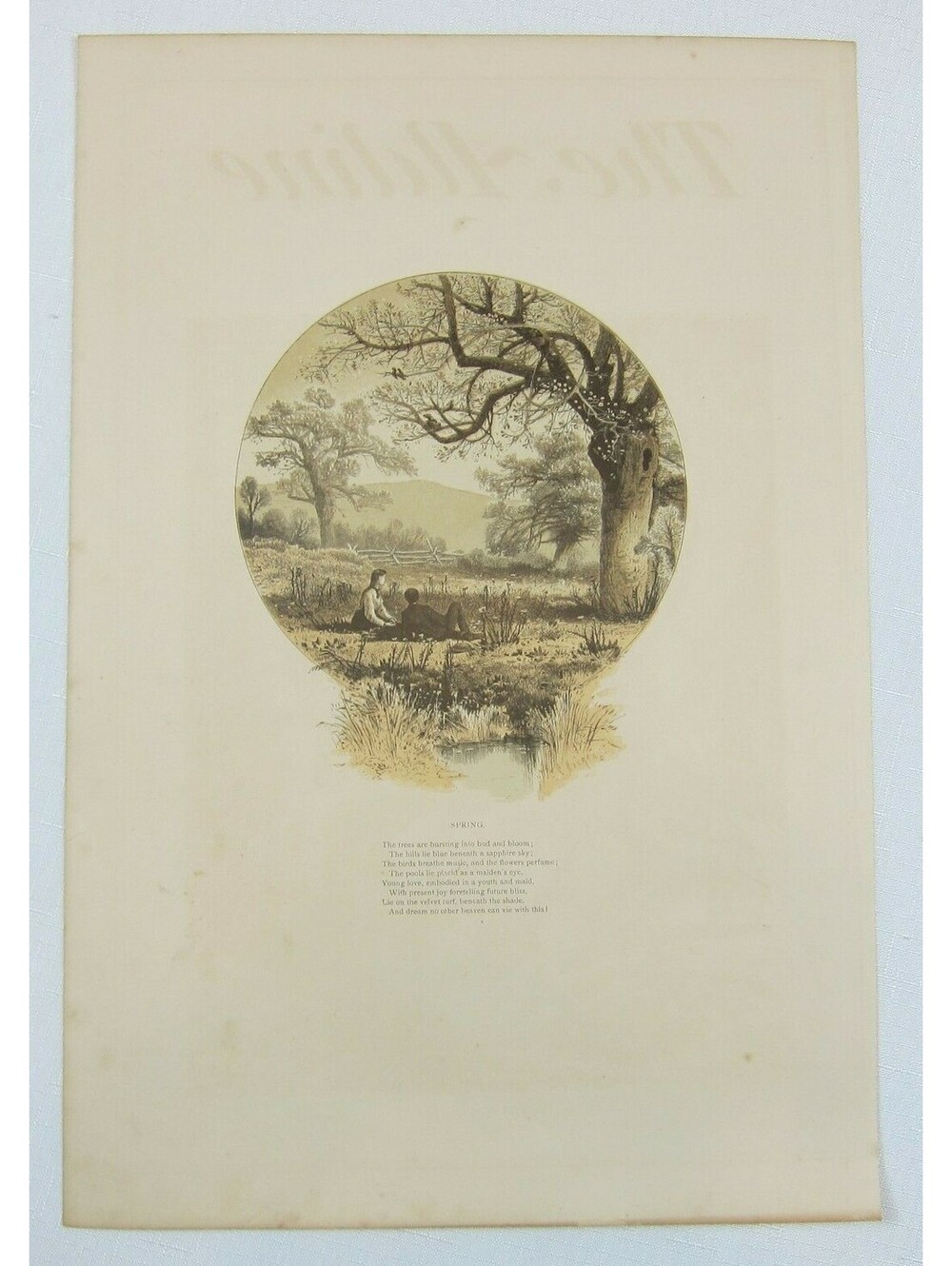 Antique 1870s Engraving Print from The Aldine Spring Scene Couple Trees & Poem